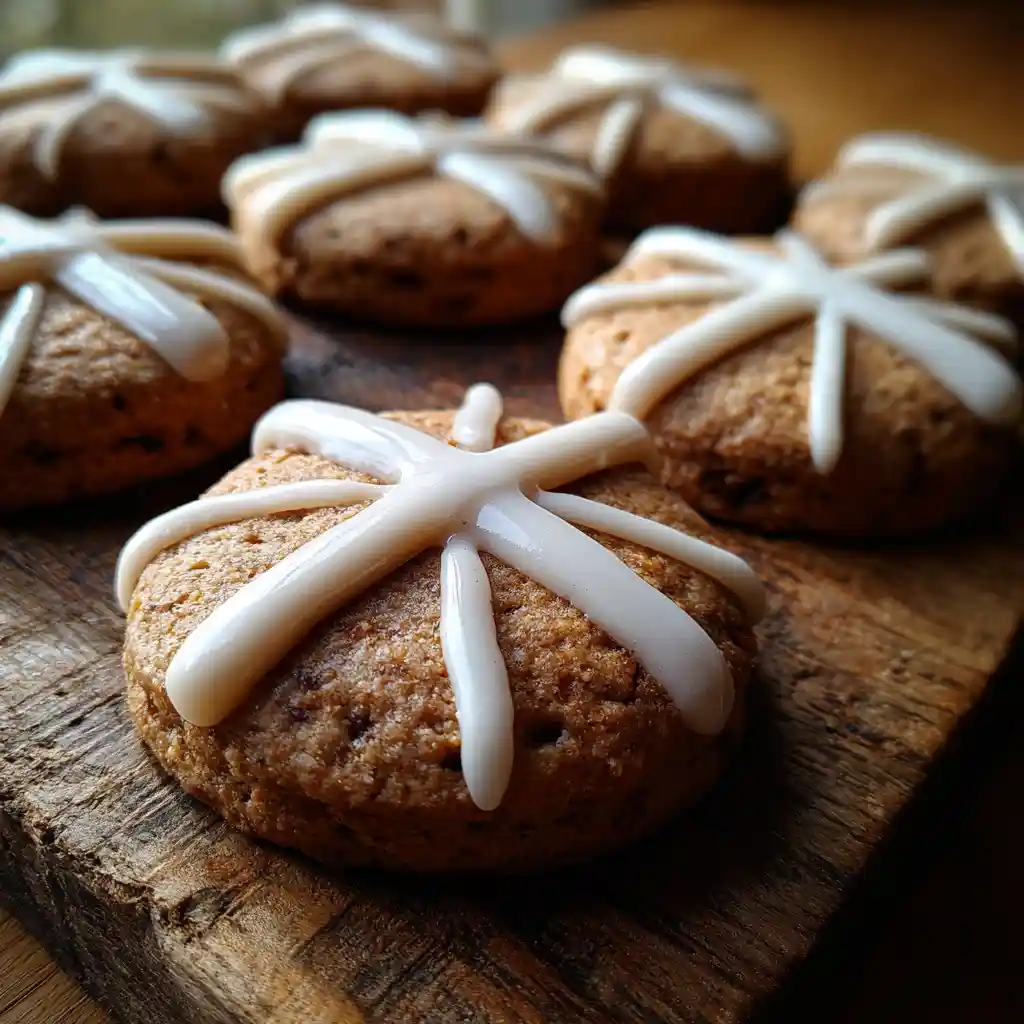 Hot cross cookie on rustic wooden tray with icing crosses, top-down view
