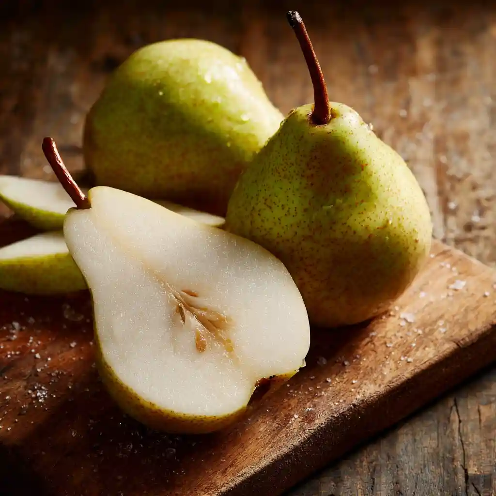 Spiced Pear Oatmeal Bake: The Coziest Fall Breakfast You'll Love 1 Fresh Bosc pears sliced and whole on wooden counter for spiced pear oatmeal bake