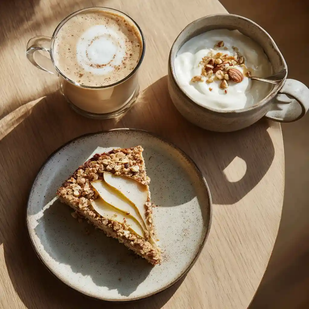 Spiced Pear Oatmeal Bake: The Coziest Fall Breakfast You'll Love 3 Brunch table with a slice of spiced pear oatmeal bake, chai latte, and yogurt