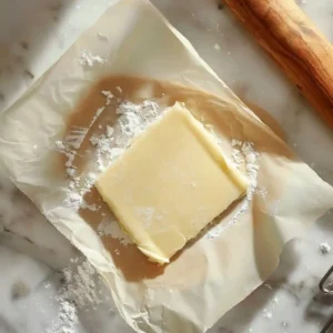 Thin slab of butter being rolled between parchment sheets with wooden rolling pin