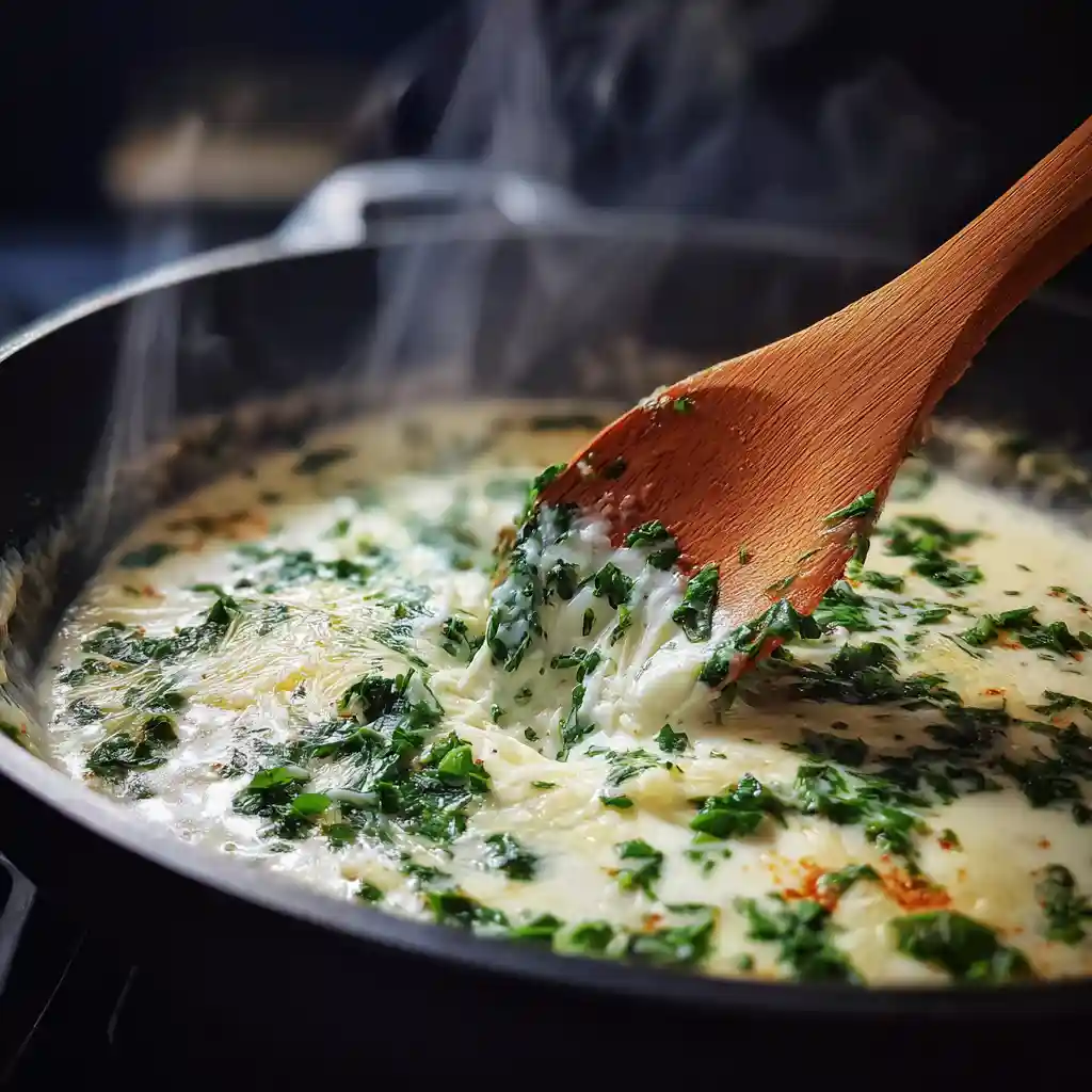 Chimichurri Mac and Cheese Skillet - The Viral Flavor Bomb From TikTok 9 stirring chimichurri into cheese sauce in skillet