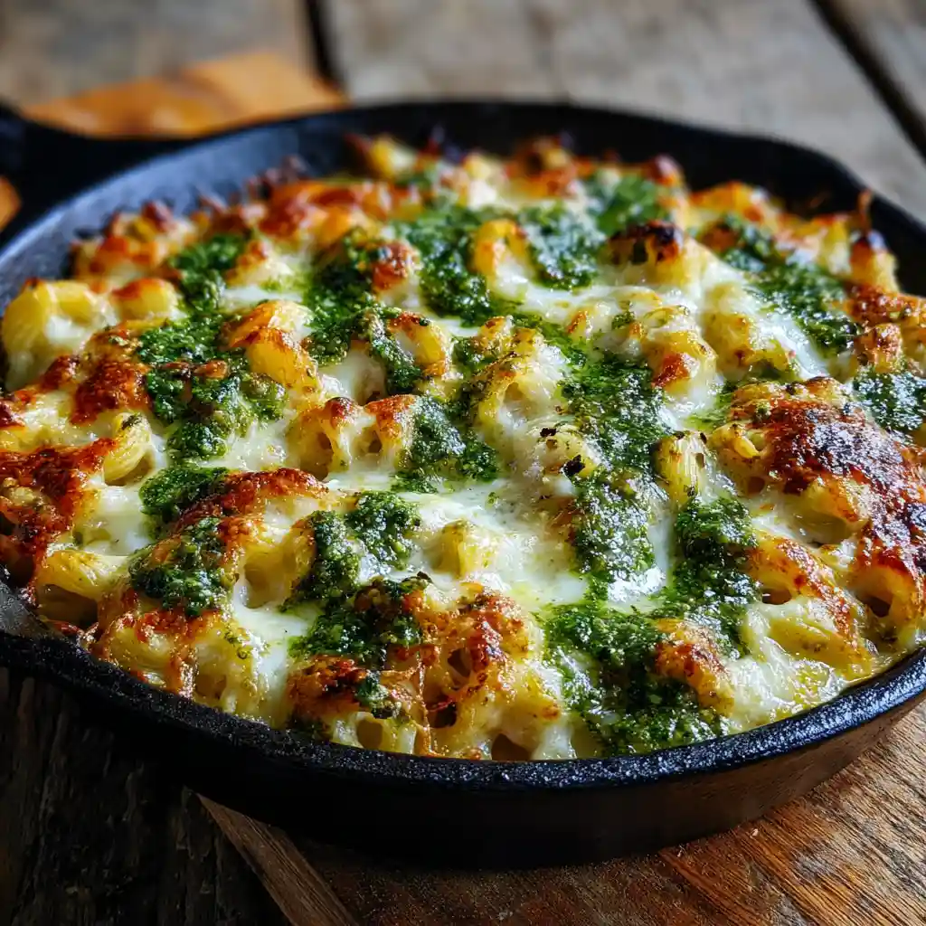 chimichurri mac and cheese skillet hot and fresh in cast iron