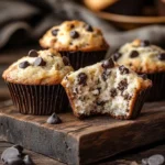 cut cottage cheese protein muffin with chocolate chips on rustic wooden dish