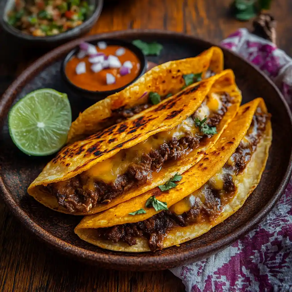 Beef birria tacos with crispy tortillas and consomé