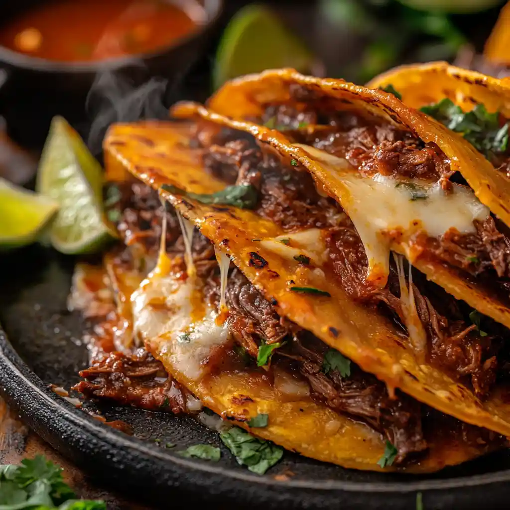 Beef Birria Tacos - The Ultimate Guide to Authentic Mexican Flavor 4 Crispy beef birria tacos with consomé for dipping