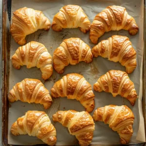 Golden brown croissants fresh from the oven on a parchment-lined baking tray