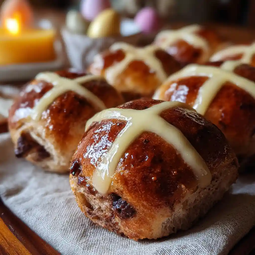 Chocolate hot cross buns with custard cross on Easter table