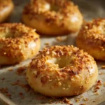 Boiled bagel with onion flakes on baking tray