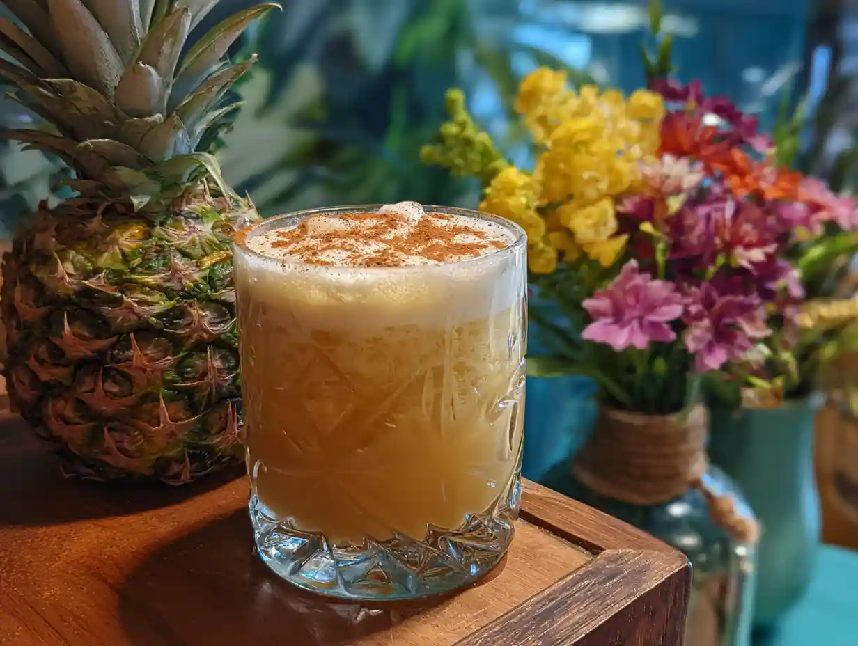 Pain Chiller Mocktail in tiki glass with nutmeg and tropical garnish