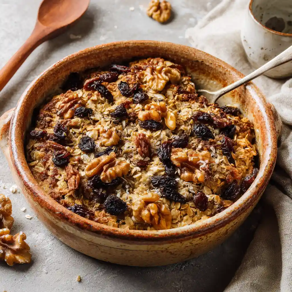 Spiced Pear Oatmeal Bake: The Coziest Fall Breakfast You'll Love 2 Spiced pear oatmeal bake topped with walnuts, raisins, and flaxseed