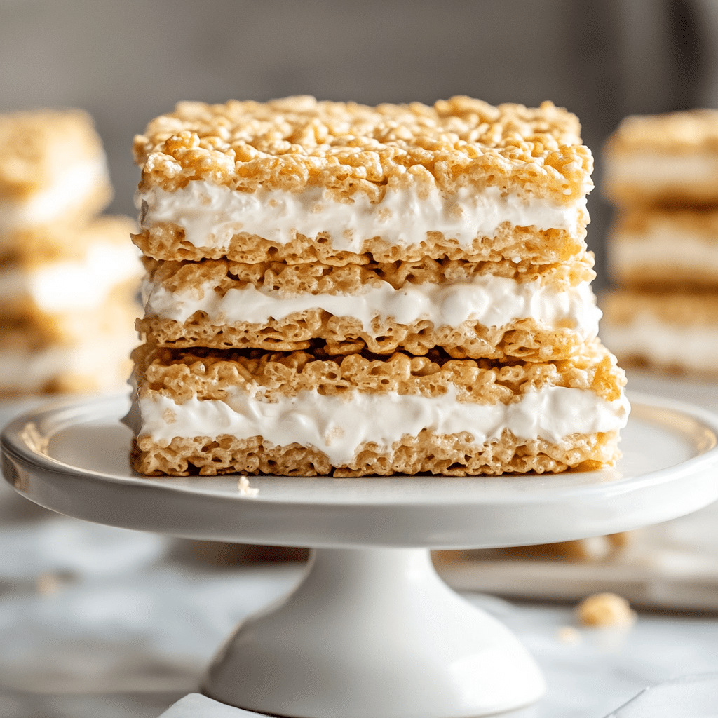 Irresistible Homemade Rice Krispie Treat Ice Cream Sandwich (Better Than Store-Bought!) 6 Rice Krispie ice cream sandwiches stacked on a white stand in natural light.