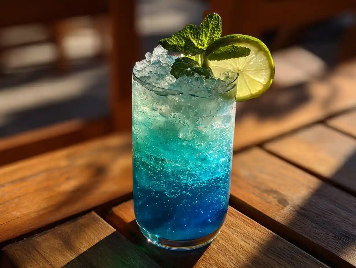 Water Hazard Mocktail with blue raspberry syrup and soda water