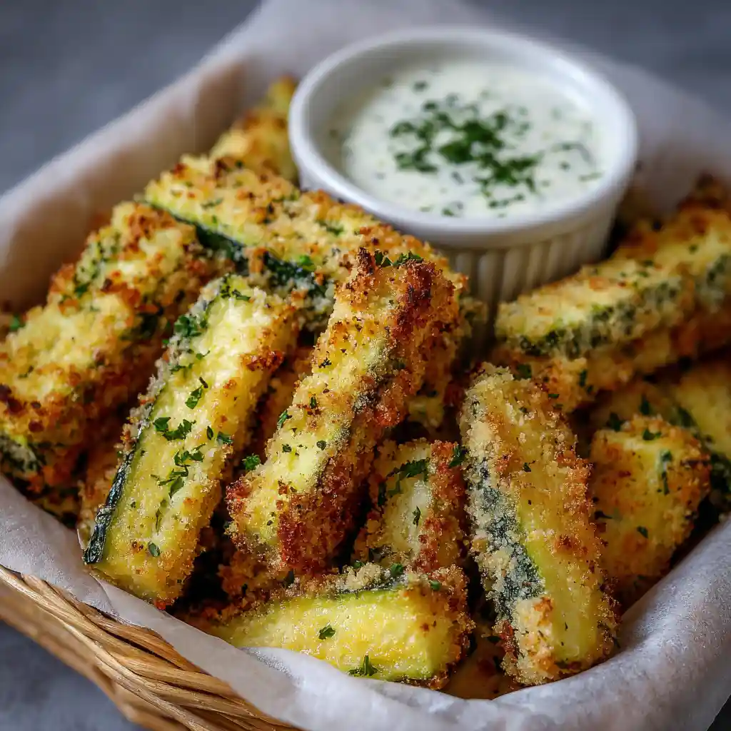 How to Make Healthy Air Fryer Zucchini Fries - Crispy and Guilt-Free 1 crunchy air-fried zucchini fries garnished with herbs and served with dip.