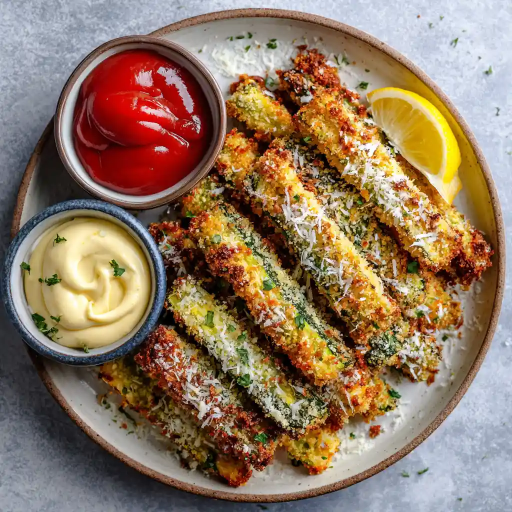 How to Make Healthy Air Fryer Zucchini Fries - Crispy and Guilt-Free 2 Plated air fryer zucchini fries with toppings and dips