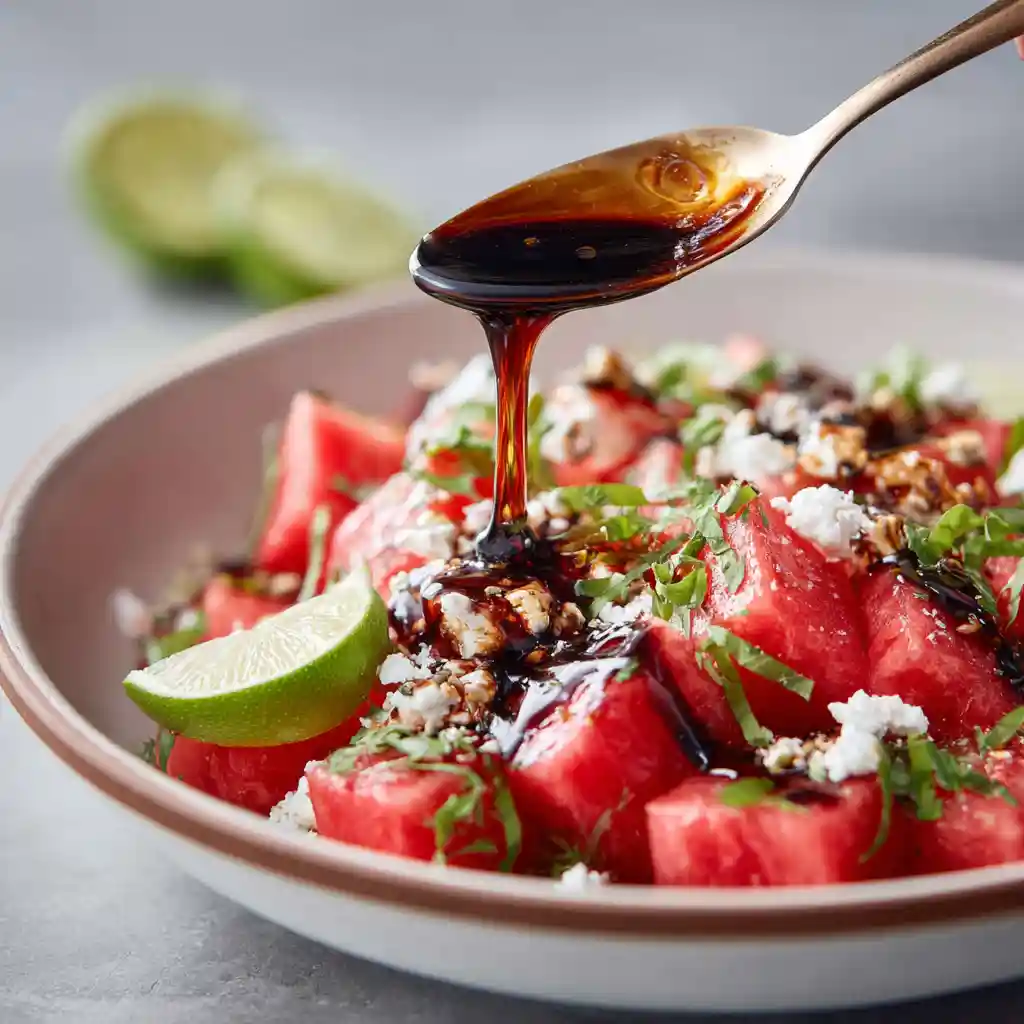 Fresh Watermelon Feta Salad: The Ultimate Sweet-Savory Summer Side 1 Drizzling balsamic glaze over watermelon feta salad