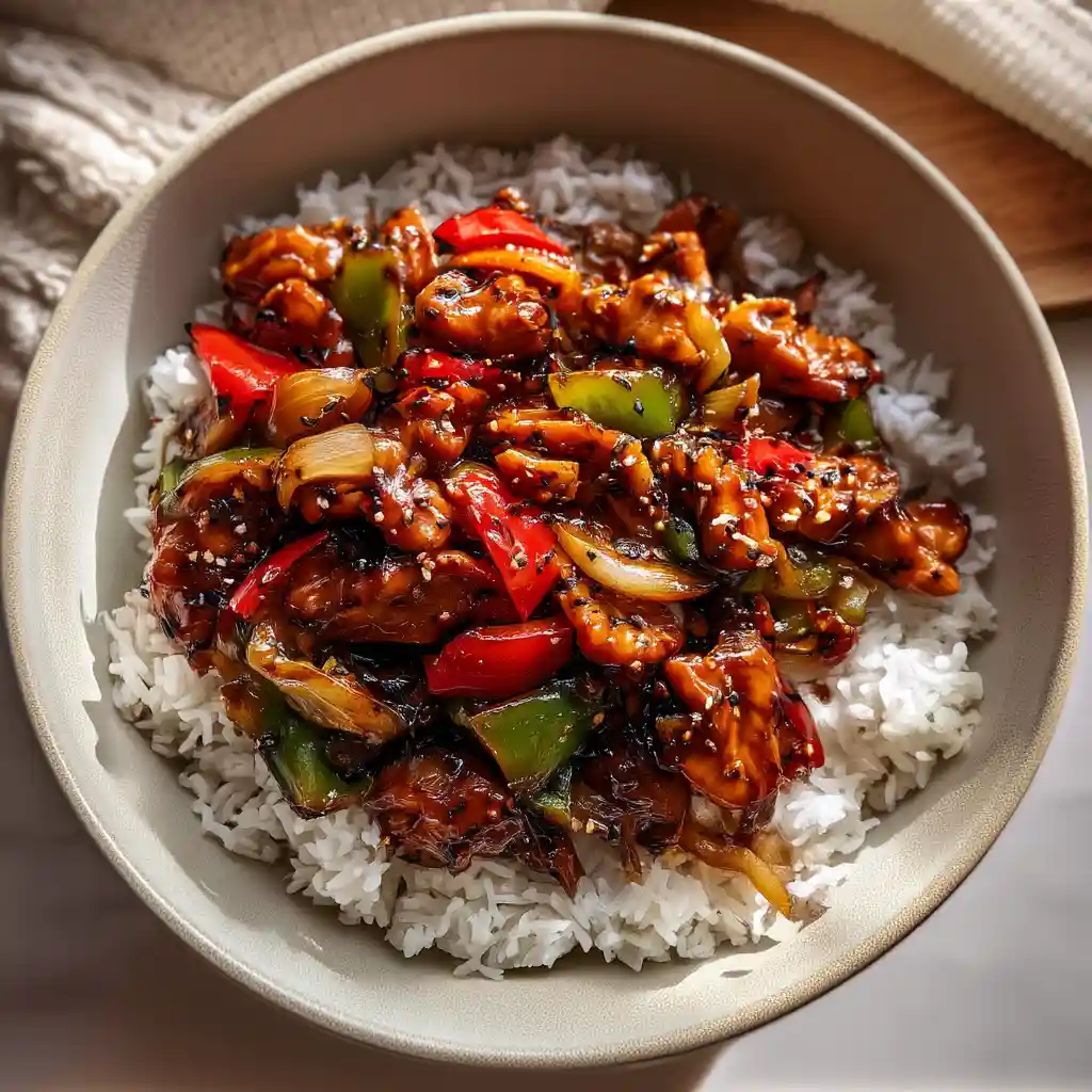 How To Make Black Pepper Chicken – Your New Stir-Fry Go-To 1 Black pepper chicken served with soft-cooked peppers and onions over rice