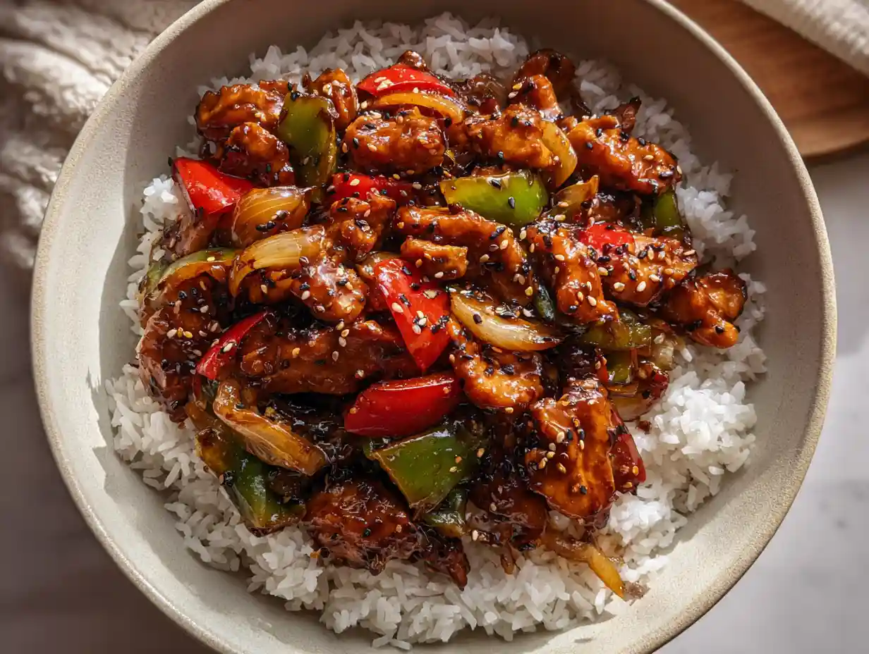 Black pepper chicken served with thin, soft-cooked peppers and onions over rice
