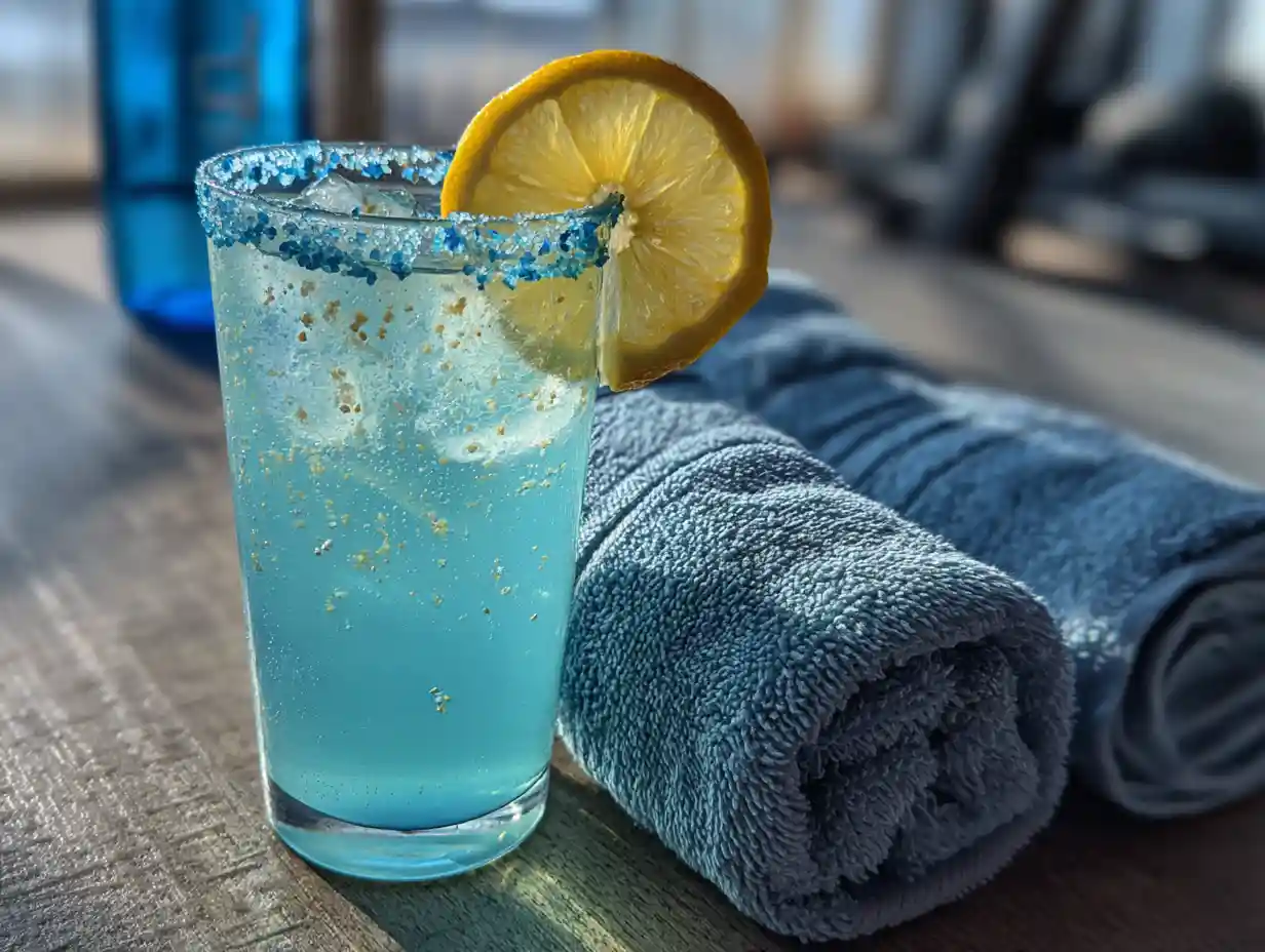 Blue Salt Hydration Drink in a glass with lemon