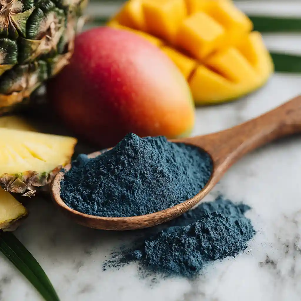 How to Make a Smoothie with Blue Spirulina - Vibrant and Healthy 2 Blue spirulina powder with tropical fruits for smoothie