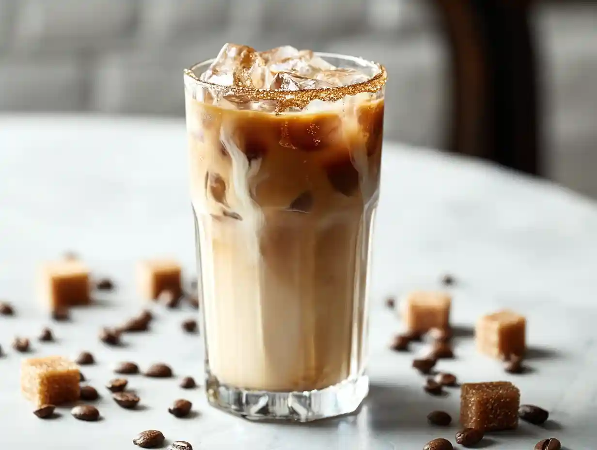Brown sugar vanilla iced coffee in a tall glass with milk swirls