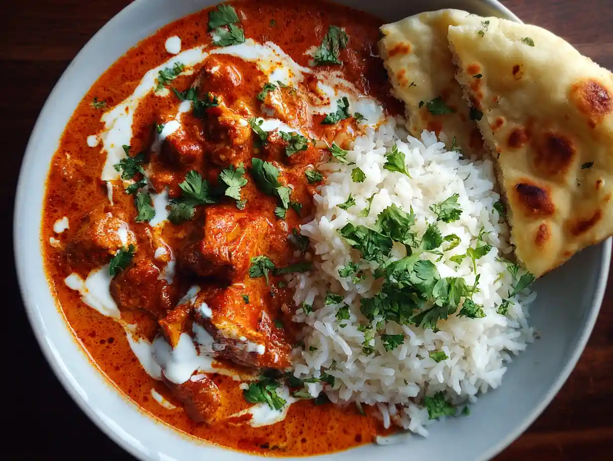 Easy Homemade Butter chicken in creamy orange sauce served with rice and naan