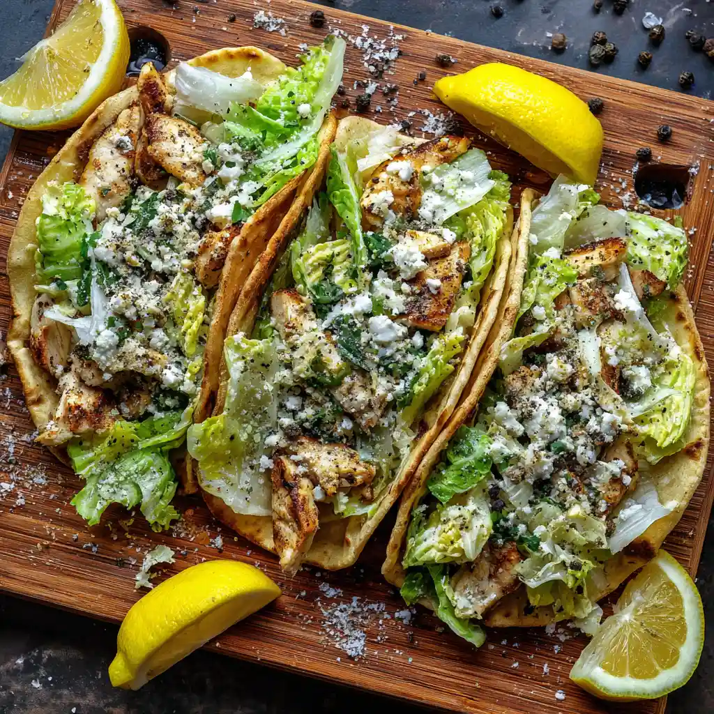How to Make Chicken Caesar Smash Tacos at Home 2 Assembled Chicken Caesar Smash Tacos with Caesar dressing