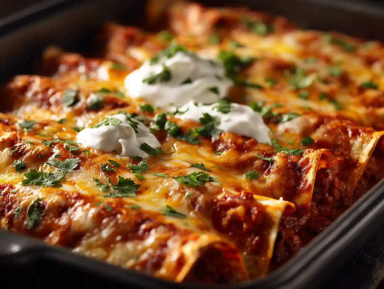 Cheesy ground beef enchiladas topped with red sauce and sour cream