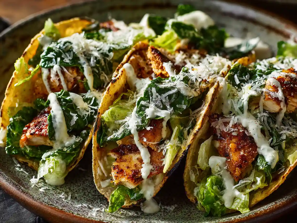 How to Make Chicken Caesar Smash Tacos at Home 3 Chicken Caesar Smash Tacos with lettuce and Parmesan