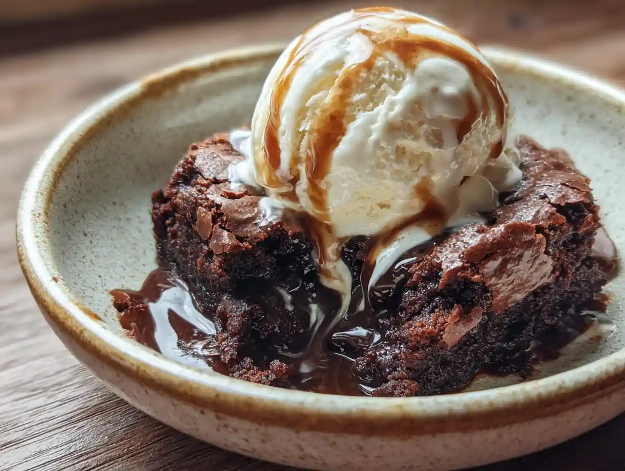 The Ultimate Treat: Chocolate Lava Protein Brownie With Coconut Ice Cream 4 chocolate lava protein brownie with coconut ice cream on top