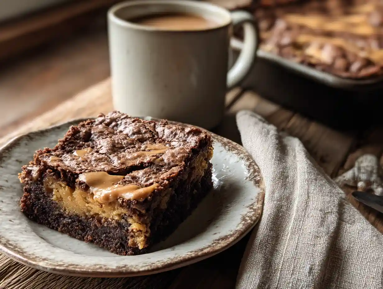 How to Make a No-Mix Chocolate Peanut Butter Dump Cake 3 Gooey chocolate peanut butter dump cake scoop