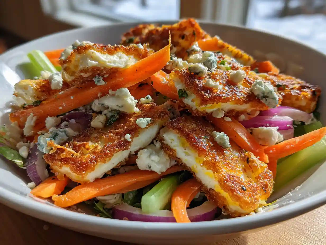 Crispy Buffalo Halloumi Salad: Spicy, Crunchy, and Absolutely Addictive 3 crispy buffalo halloumi salad in a bowl with blue cheese and veggies