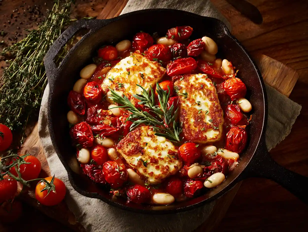 Crispy halloumi with tomatoes and white beans in a skillet