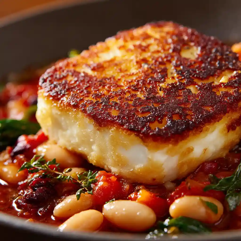 How to Make a Crispy Halloumi Skillet with Tomatoes and White Beans 1 Close-up of crispy seared halloumi