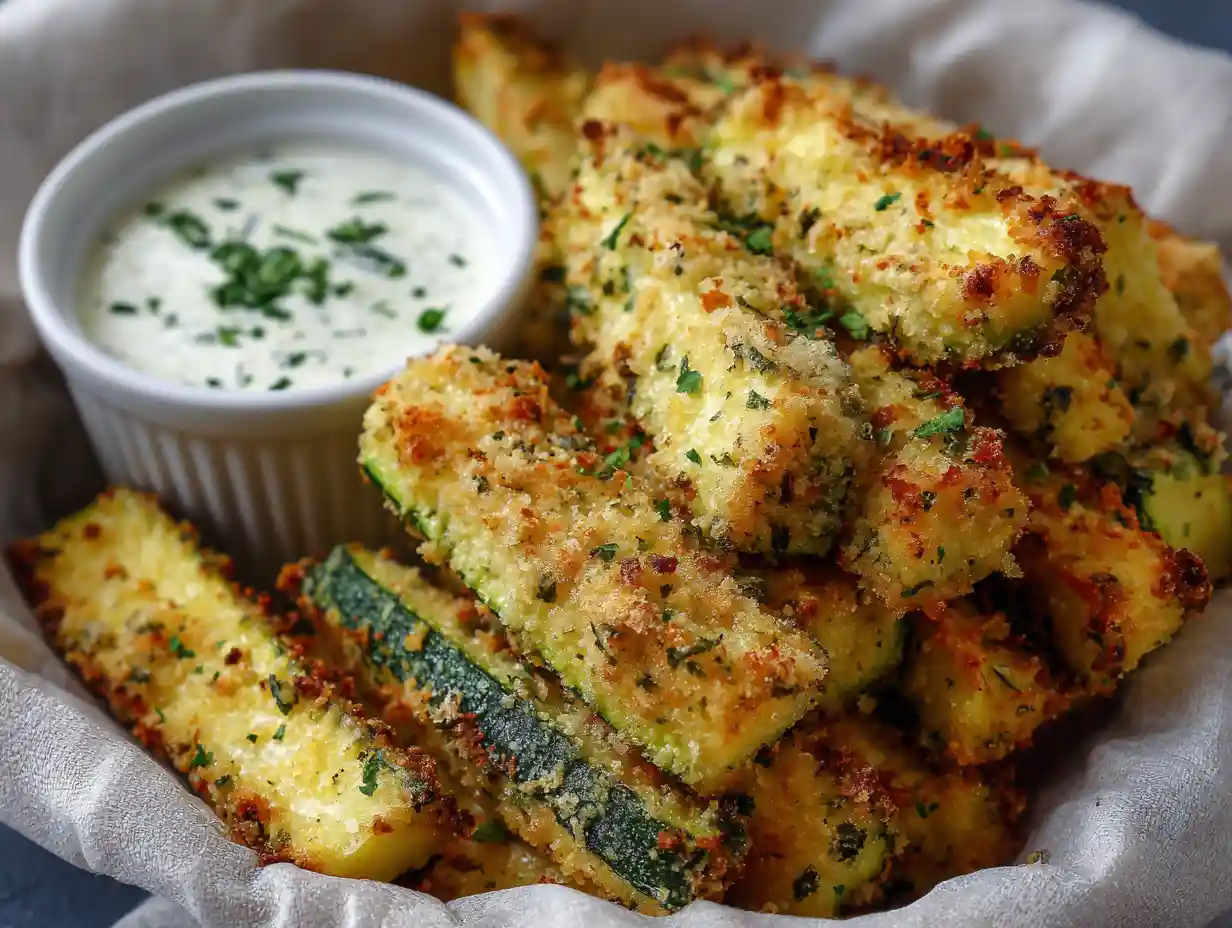How to Make Healthy Air Fryer Zucchini Fries - Crispy and Guilt-Free 3 Healthy air fryer zucchini fries served with ranch dip