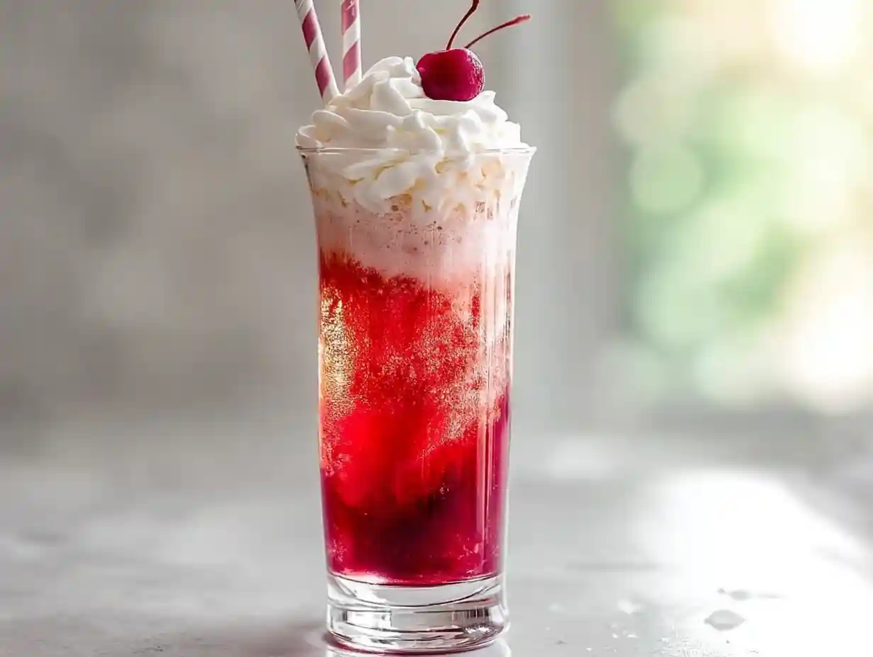 How to Make Italian Cream Soda – The Fizzy Treat of the Summer 3 Italian cream soda in a clear glass with cherry and cream swirl