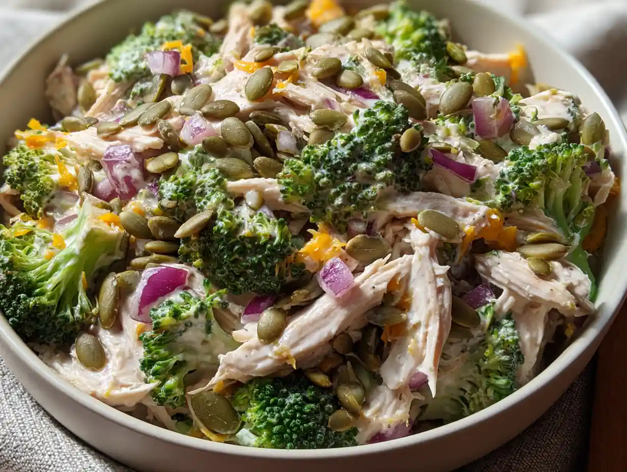 How to Make a Crunchy, Loaded Chicken and Broccoli Salad 4 loaded chicken and broccoli salad in white bowl