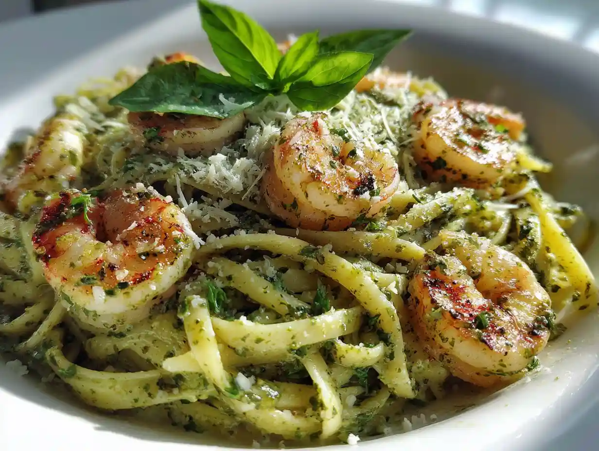 Low-Carb Shrimp Pesto Pasta in White Bowl