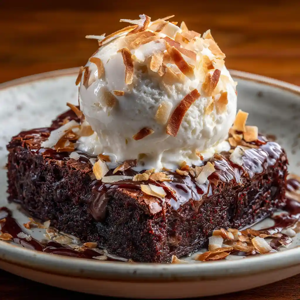 The Ultimate Treat: Chocolate Lava Protein Brownie With Coconut Ice Cream 3 molten lava brownie coconut ice cream compressed