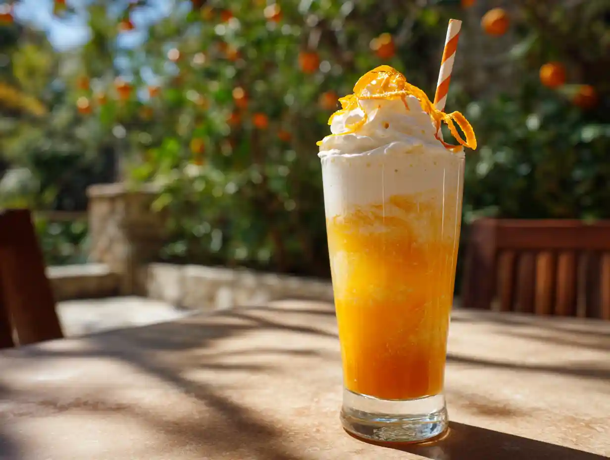 Orange cream Italian soda with cream swirl and orange peel garnish