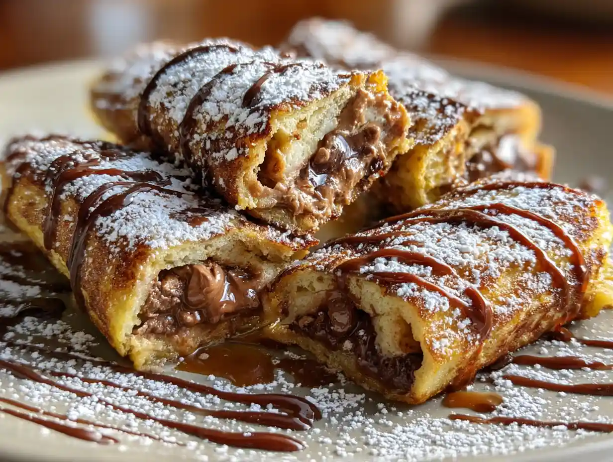 How To Make Peanut Butter Cup French Toast Rolls At Home 2 Gooey peanut butter cup French toast rolls on a plate