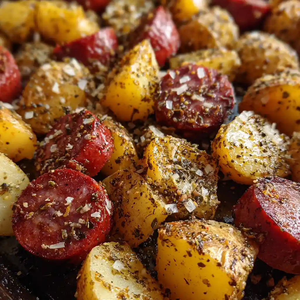 How to Make Cheesy Ranch Potatoes and Sausage - Pure Comfort on a Plate 3 Seasoned potatoes and sausage prepped for roasting