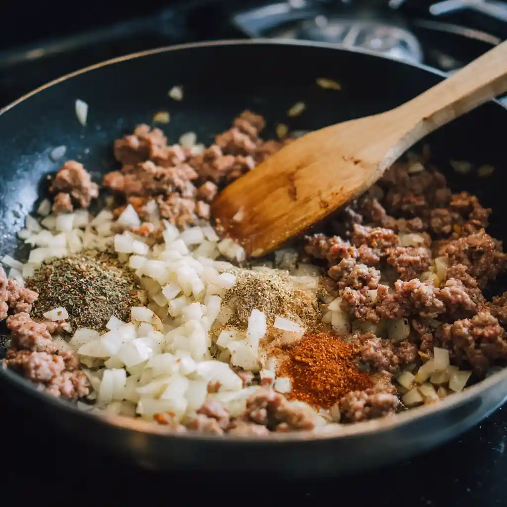How To Make Cheesy Ground Beef Enchiladas Comfort Food Recipe 2 Ground beef with onions and spices for enchiladas