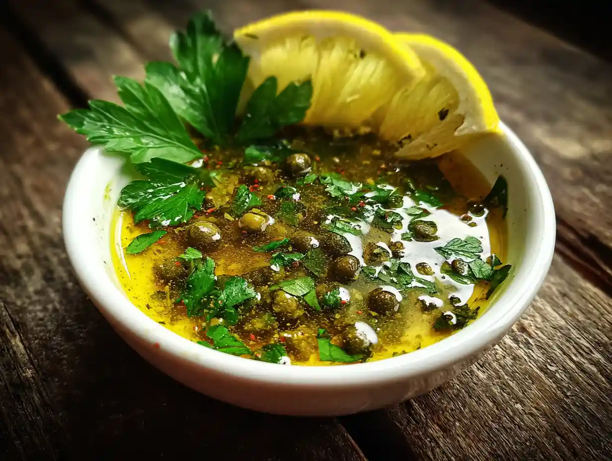 How to Make Lemon Caper Sauce – Easy, Tangy, and Versatile 4 Simple lemon caper sauce in a white bowl with lemon wedges