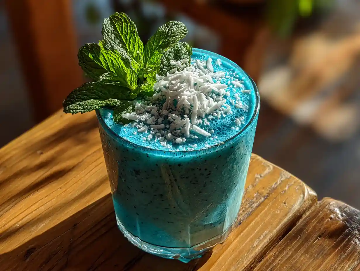How to Make a Smoothie with Blue Spirulina - Vibrant and Healthy 3 Smoothie with blue spirulina in a clear glass with coconut topping