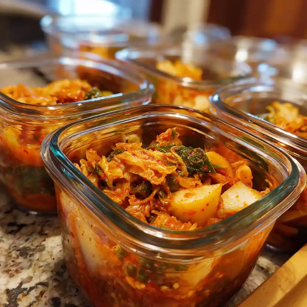The Best High-Protein Vegan Kimchi Stew You’ll Ever Taste 2 Meal-prepped vegan kimchi stew in containers