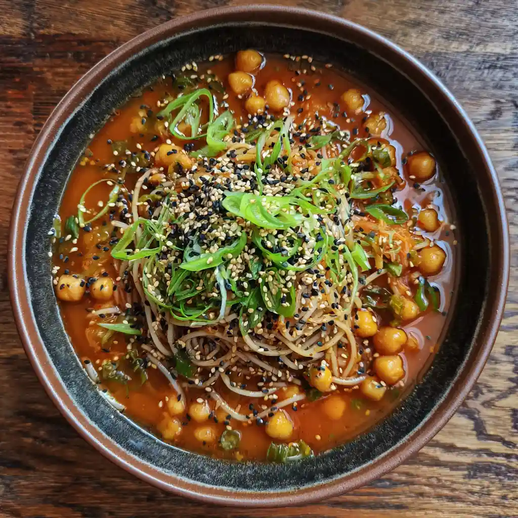 The Best High-Protein Vegan Kimchi Stew You’ll Ever Taste 1 Vegan kimchi stew with chickpeas and noodles