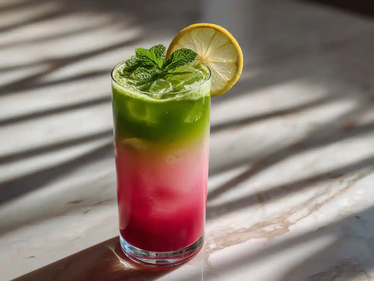 How to Make Watermelon Matcha Lemonade – Your New Favorite Summer Drink 3 Watermelon matcha lemonade layered in glass with mint and lemon