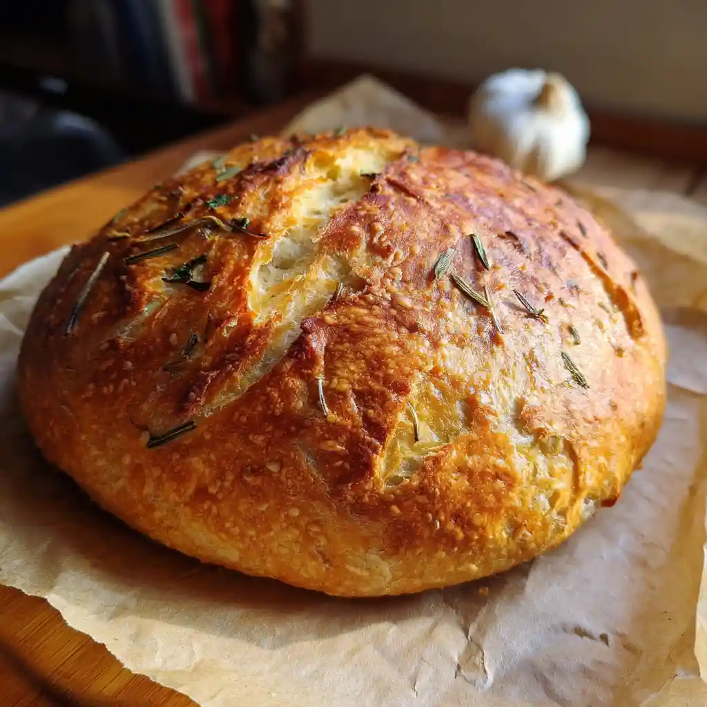 How to Make No-Knead Roasted Garlic Rosemary Bread 1 Golden no-knead roasted garlic rosemary bread