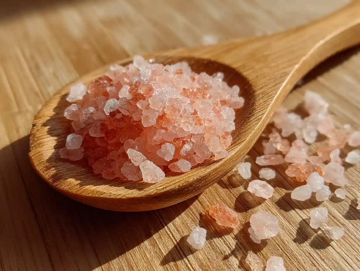 Japanese Pink Salt Recipe Ideas - A Natural Mineral Boost for Wellness & Flavor 1 Japanese pink salt crystals in a spoon