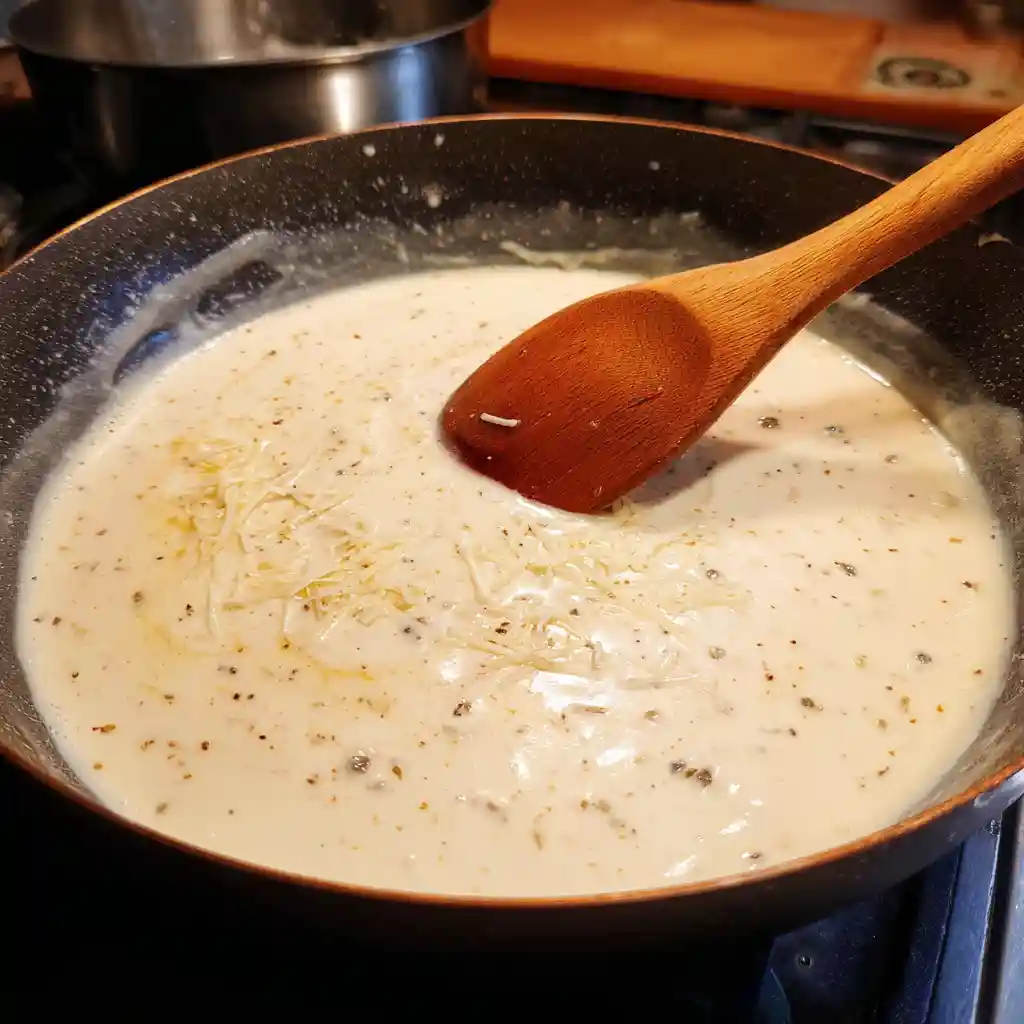 Homemade Chicken Alfredo Recipe – Creamy, Classic Comfort Food 2 Alfredo sauce cooking in skillet